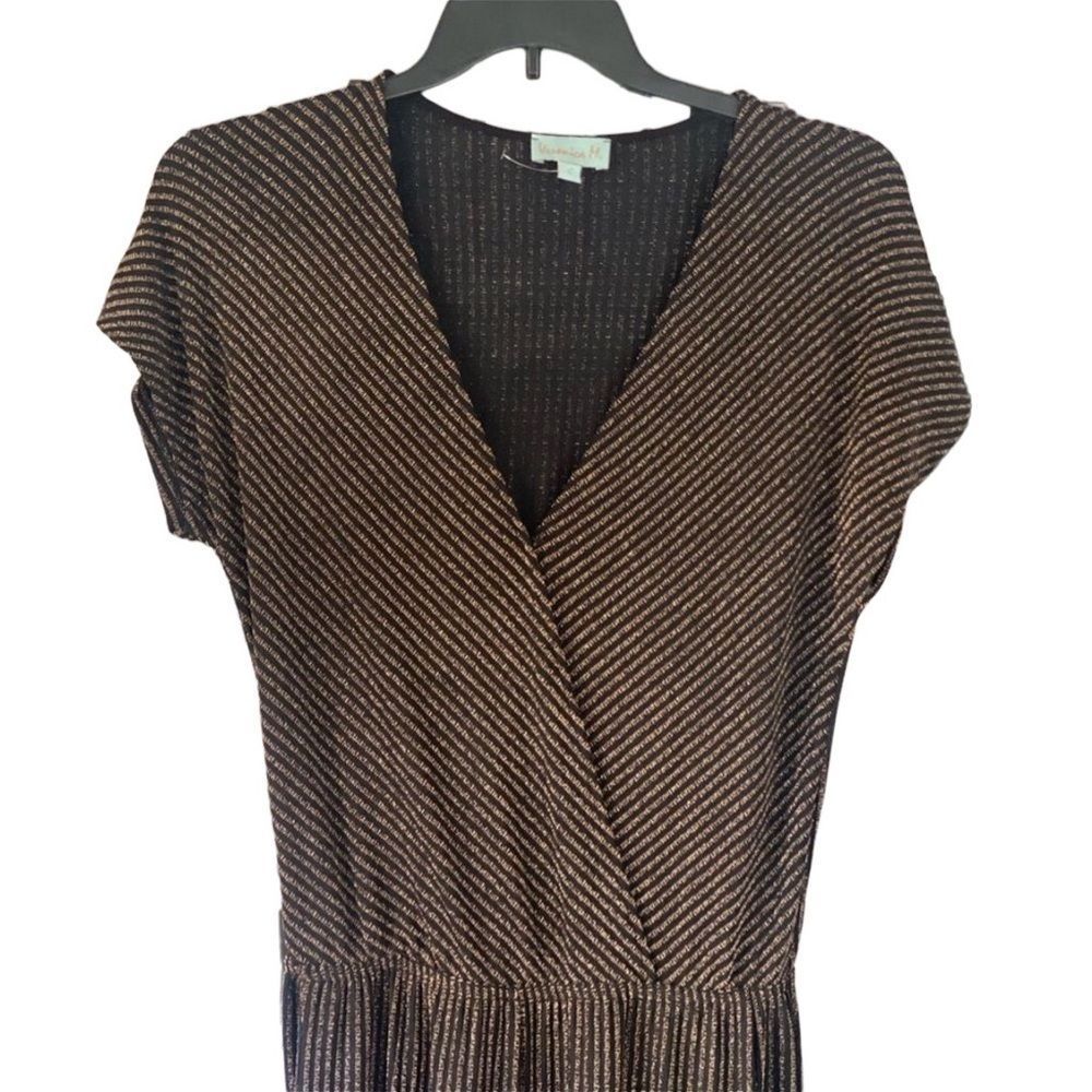 Veronica M Short Sleeve Black and Copper Striped Jumpsuit. Size Large.